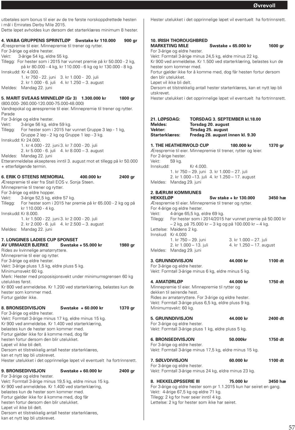 000-8 kg. 1. kr 750-22. juni 3. kr 1.000-20. juli 2. kr 1.000-6. juli 4. kr 1.250 3. august Mandag 22. juni 5. MARIT SVEAAS MINNELØP (Gr 3) 1.300.000 kr 1800 gr (800.000-260.000-120.000-75.000-48.