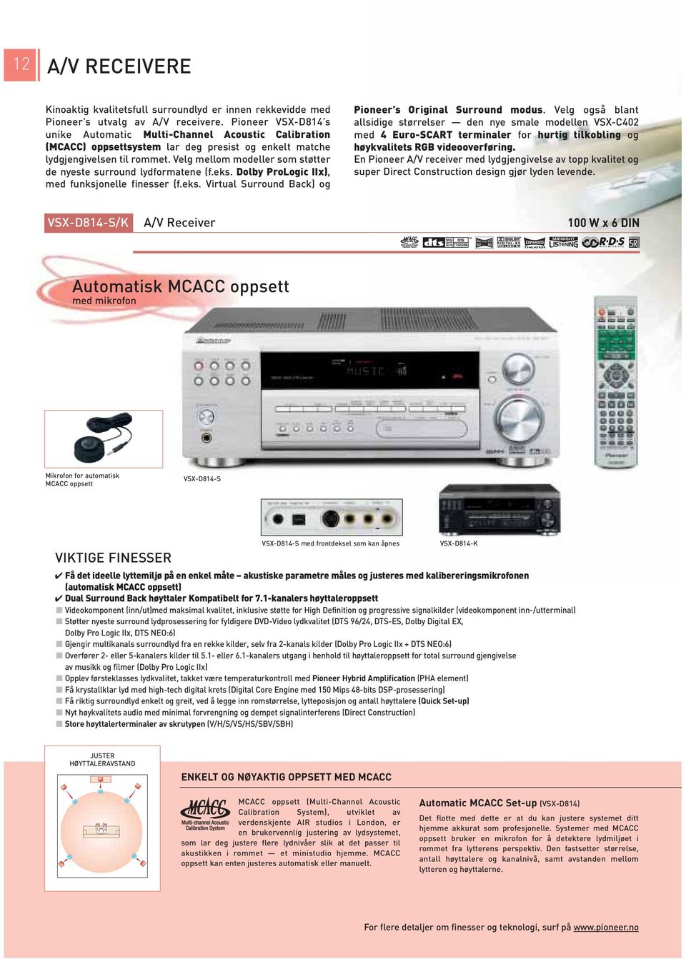 Velg mellom modeller som støtter de nyeste surround lydformatene (f.eks. Dolby ProLogic IIx), med funksjonelle finesser (f.eks. Virtual Surround Back) og Pioneer s Original Surround modus.