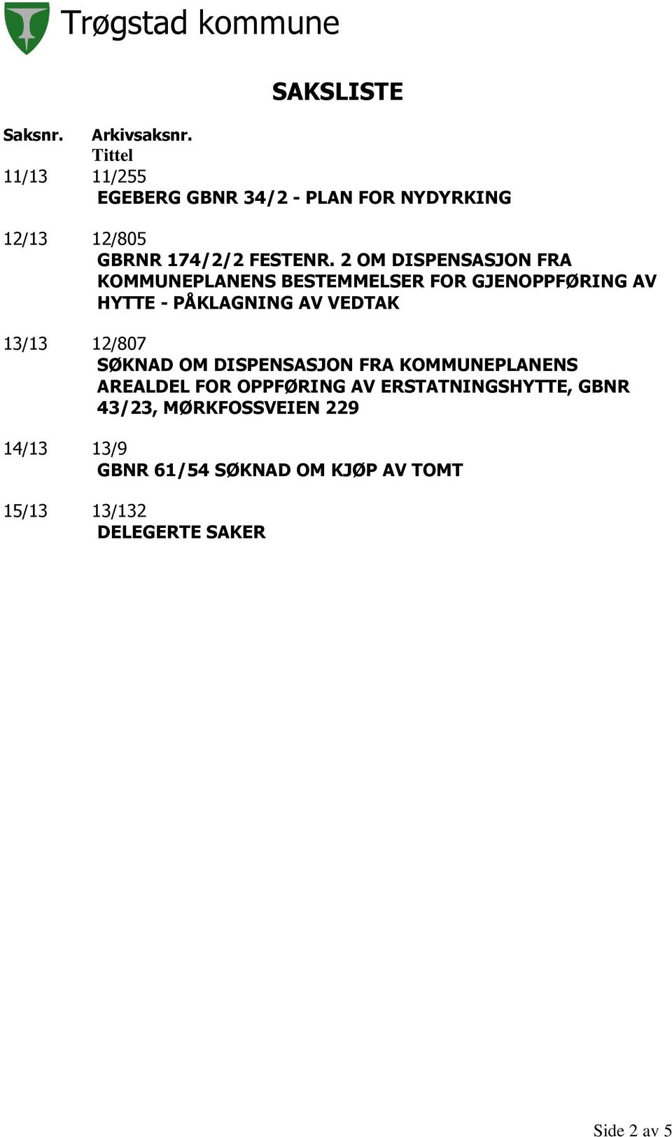 2 OM DISPENSASJON FRA KOMMUNEPLANENS BESTEMMELSER FOR GJENOPPFØRING AV HYTTE - PÅKLAGNING AV VEDTAK 13/13