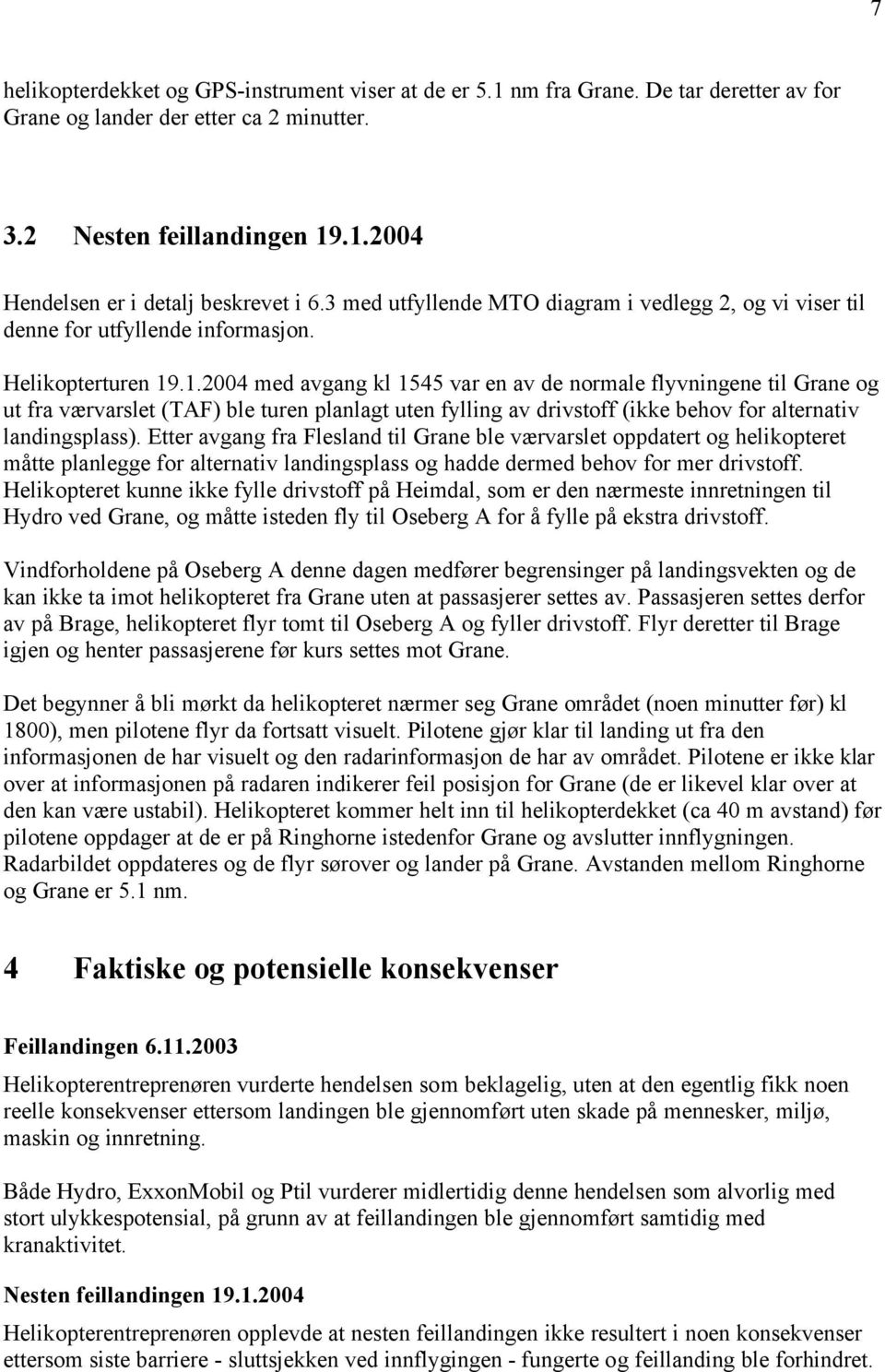 .1.2004 med avgang kl 1545 var en av de normale flyvningene til Grane og ut fra værvarslet (TAF) ble turen planlagt uten fylling av drivstoff (ikke behov for alternativ landingsplass).