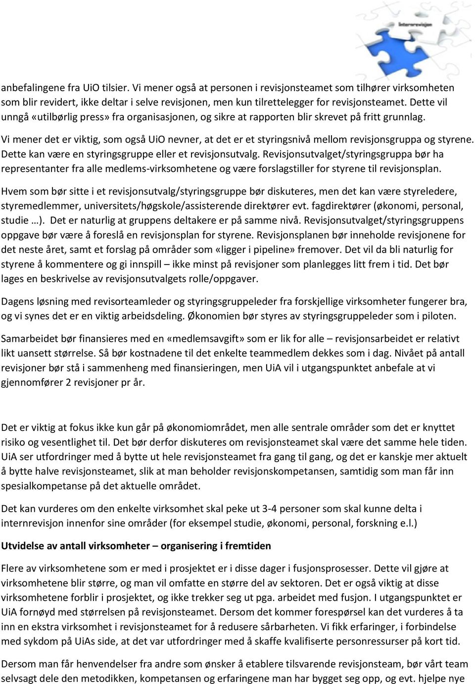 Vi mener det er viktig, som også UiO nevner, at det er et styringsnivå mellom revisjonsgruppa og styrene. Dette kan være en styringsgruppe eller et revisjonsutvalg.