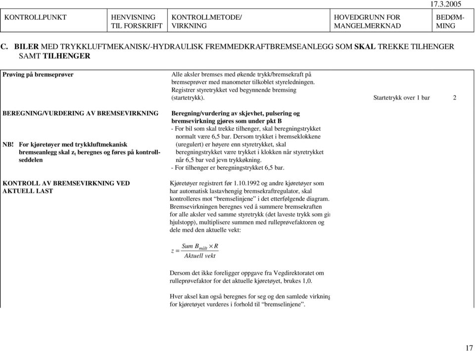 med manometer tilkoblet styreledningen. Registrer styretrykket ved begynnende bremsing (startetrykk).