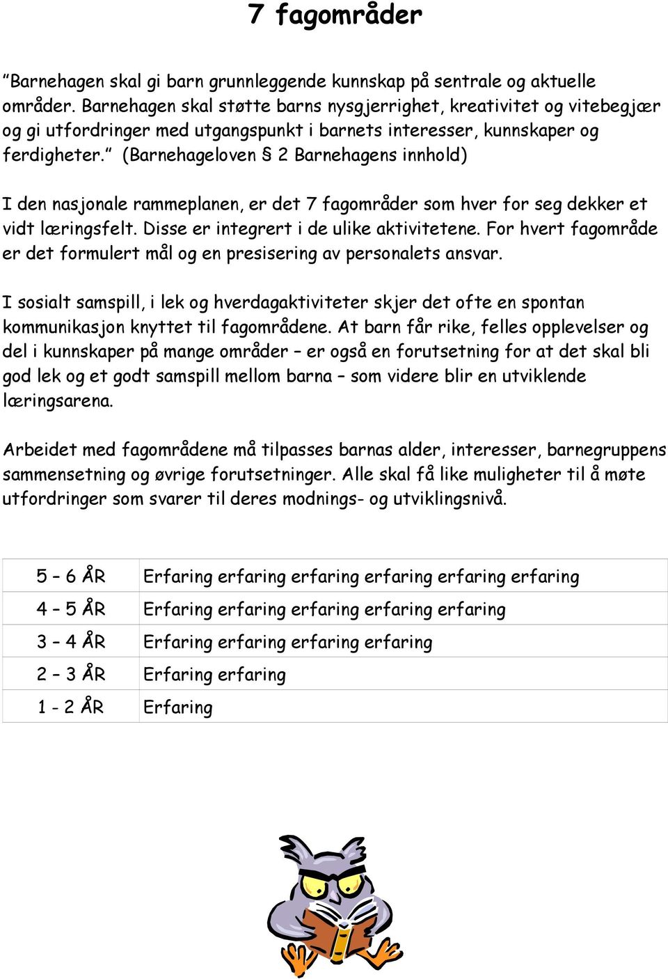 (Barnehageloven 2 Barnehagens innhold) I den nasjonale rammeplanen, er det 7 fagområder som hver for seg dekker et vidt læringsfelt. Disse er integrert i de ulike aktivitetene.