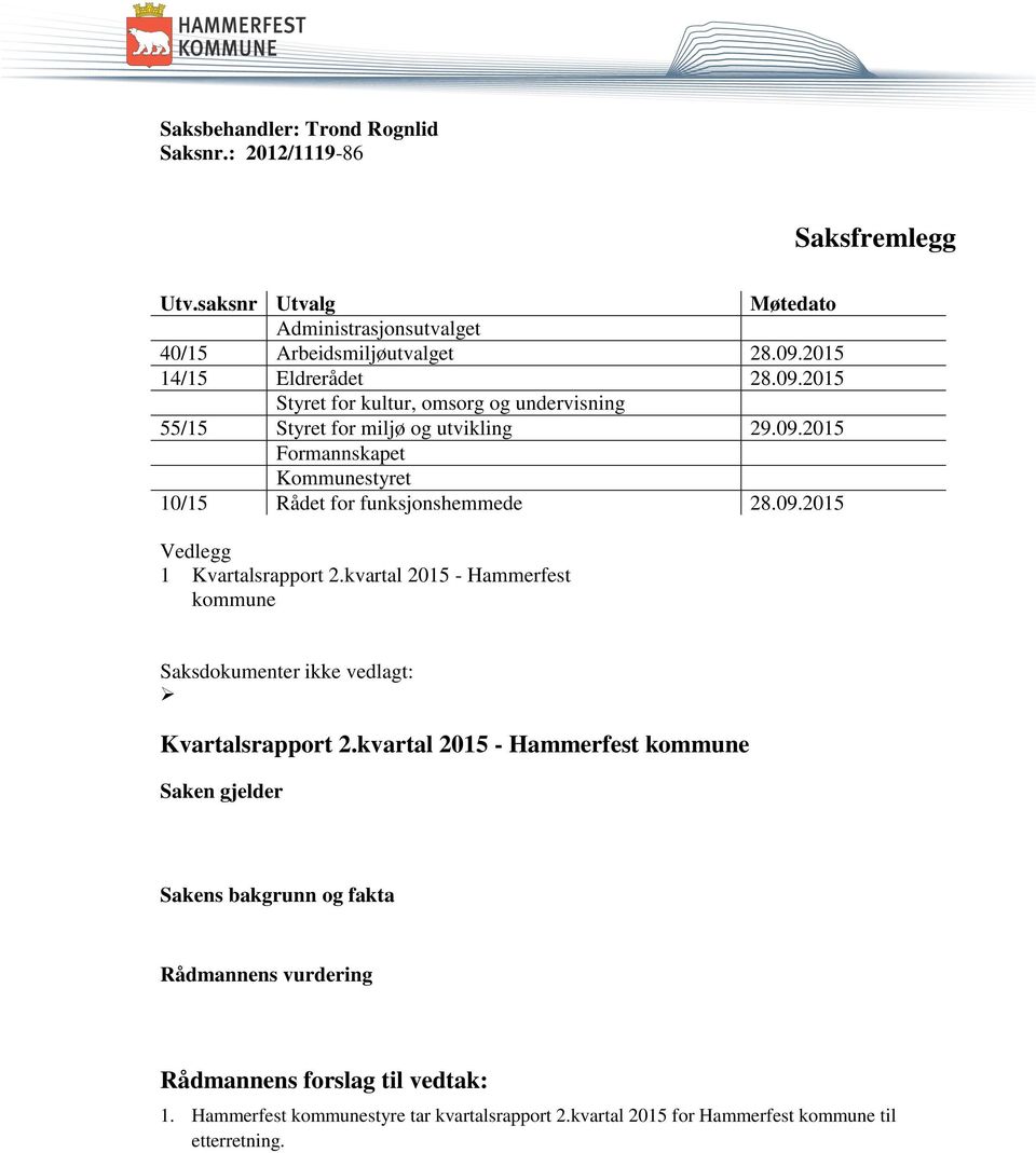 09.2015 Vedlegg 1 Kvartalsrapport 2.kvartal 2015 - Hammerfest kommune Saksdokumenter ikke vedlagt: Kvartalsrapport 2.