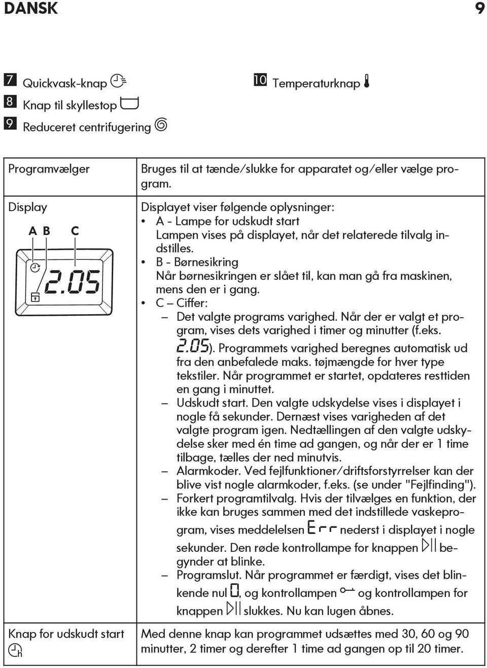 B - Børnesikring Når børnesikringen er slået til, kan man gå fra maskinen, mens den er i gang. C Ciffer: Det valgte programs varighed.