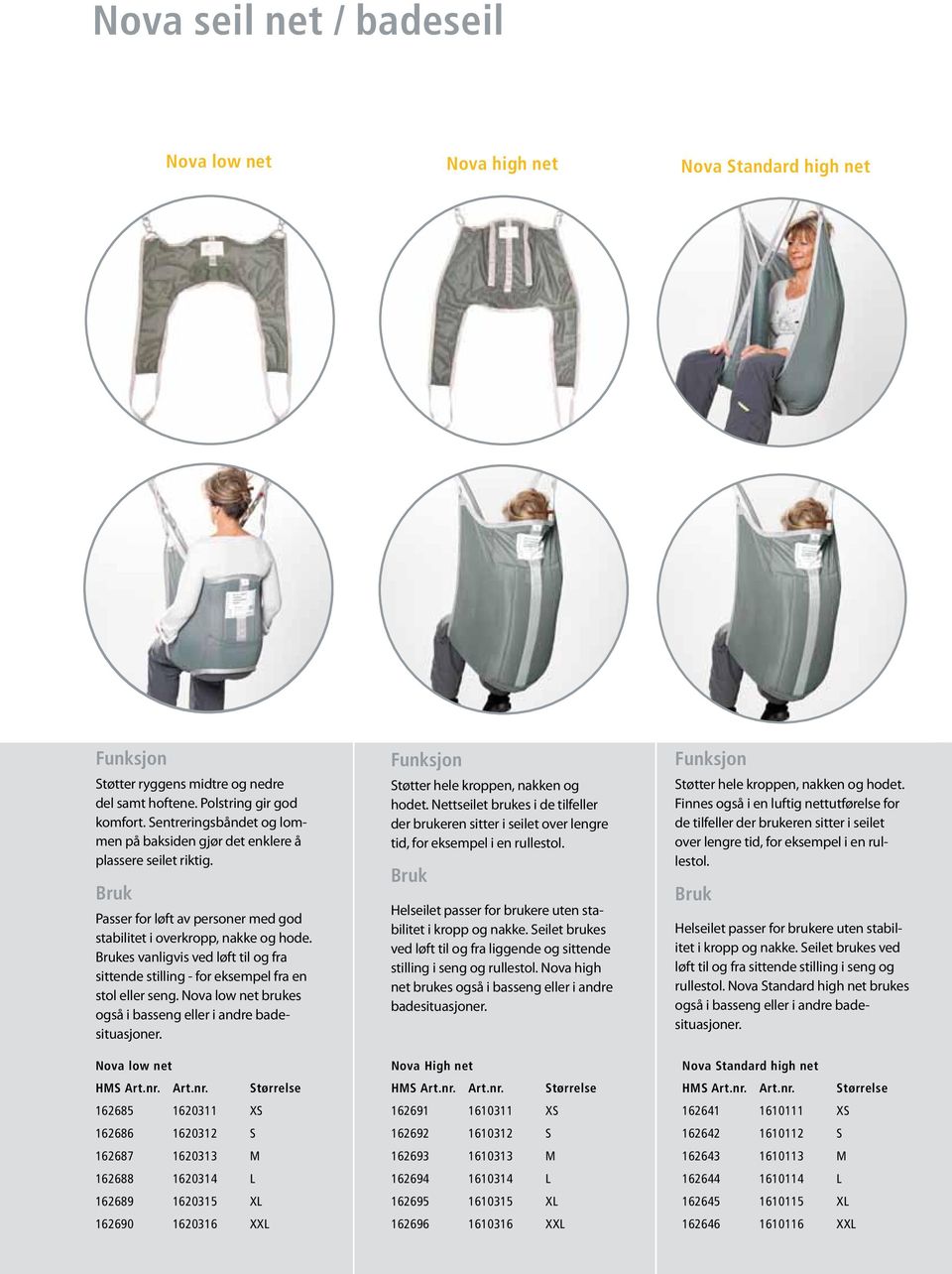 rukes vanligvis ved løft til og fra sittende stilling - for eksempel fra en stol eller seng. Nova low net brukes også i basseng eller i andre badesituasjoner. Støtter hele kroppen, nakken og hodet.