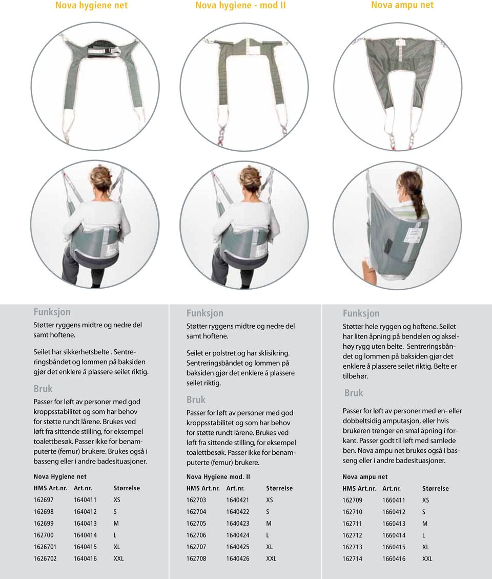 rukes ved løft fra sittende stilling, for eksempel toalettbesøk. Passer ikke for benamputerte (femur) brukere. rukes også i basseng eller i andre badesituasjoner. Nova Hygiene net HMS rt.nr.