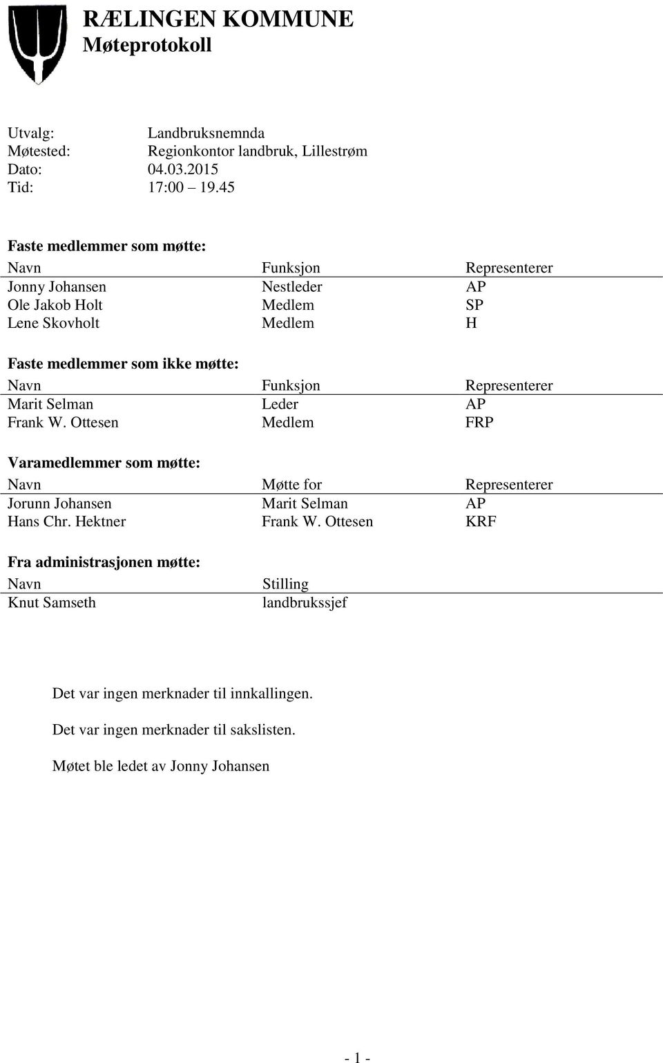 Funksjon Representerer Marit Selman Frank W. Ottesen Leder Medlem AP FRP Varamedlemmer som møtte: Navn Møtte for Representerer Jorunn Johansen Hans Chr.