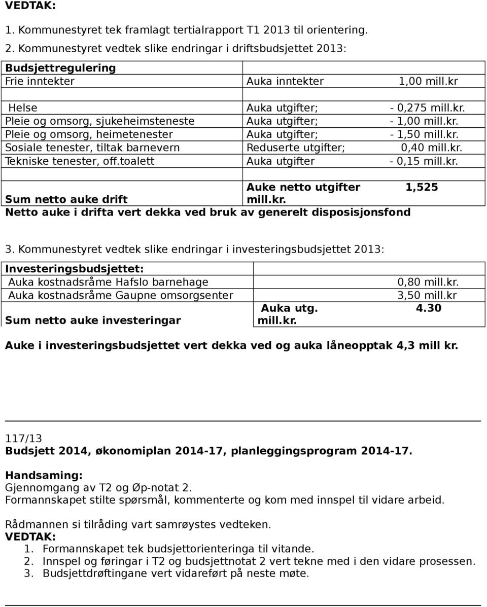 kr. Tekniske tenester, off.toalett Auka utgifter - 0,15 mill.kr. Auke netto utgifter 1,525 Sum netto auke drift mill.kr. Netto auke i drifta vert dekka ved bruk av generelt disposisjonsfond 3.