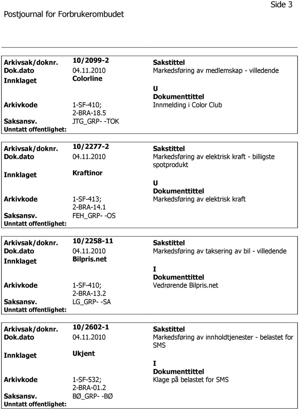 2010 Markedsføring av elektrisk kraft - billigste spotprodukt Kraftinor 1-SF-413; Markedsføring av elektrisk kraft 2-BRA-14.1 FEH_GRP- -OS Arkivsak/doknr.