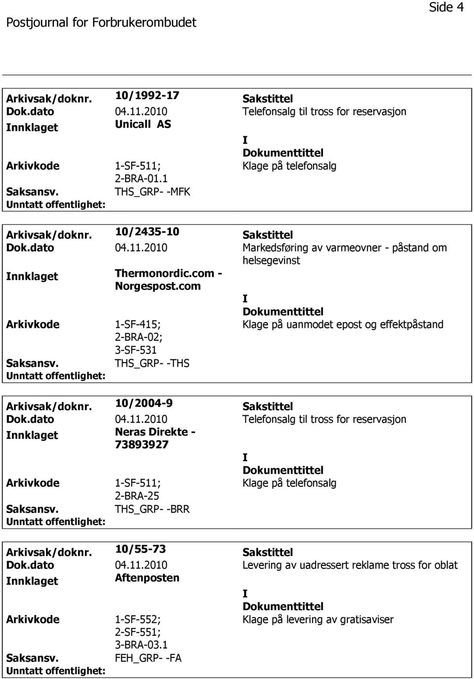 com 1-SF-415; Klage på uanmodet epost og effektpåstand 2-BRA-02; 3-SF-531 Arkivsak/doknr. 10/2004-9 Sakstittel Dok.dato 04.11.