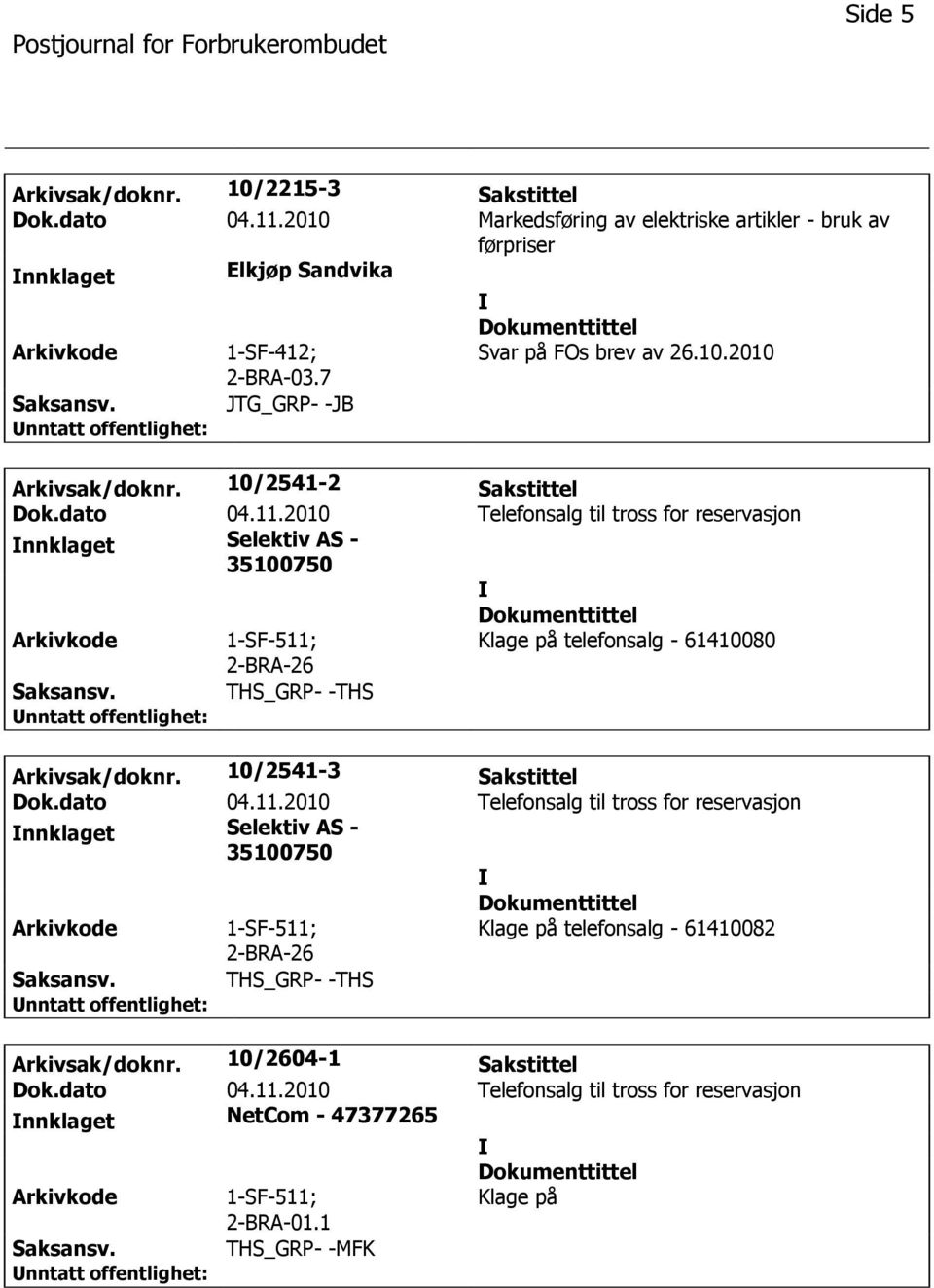 10/2541-2 Sakstittel Dok.dato 04.11.2010 Telefonsalg til tross for reservasjon Selektiv AS - 35100750 Klage på telefonsalg - 61410080 2-BRA-26 Arkivsak/doknr.