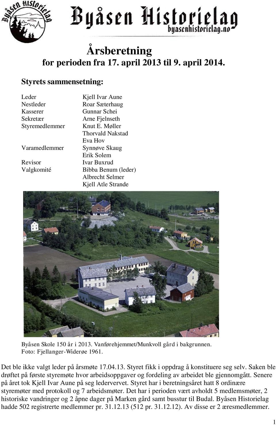 Møller Thorvald Nakstad Eva Hov Synnøve Skaug Erik Solem Ivar Buxrud Bibba Benum (leder) Albrecht Selmer Kjell Atle Strande Byåsen Skole 150 år i 2013. Vanførehjemmet/Munkvoll gård i bakgrunnen.