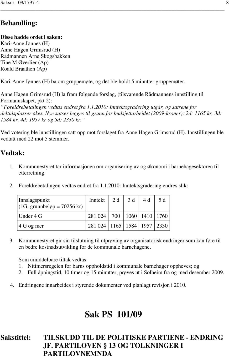 1.2010: Inntektsgradering utgår, og satsene for deltidsplasser økes. Nye satser legges til grunn for budsjettarbeidet (2009-kroner): 2d: 1165 kr, 3d: 1584 kr, 4d: 1957 kr og 5d: 2330 kr.