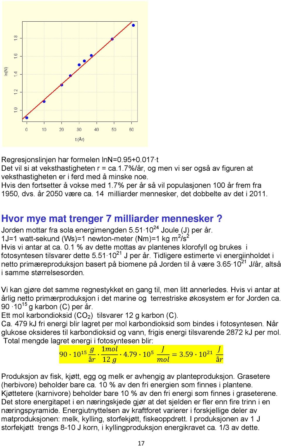 Hvor mye mat trenger 7 milliarder mennesker? Jorden mottar fra sola energimengden 5.51 10 24 Joule (J) per år. 1J=1 watt-sekund (Ws)=1 newton-meter (Nm)=1 kg m 2 /s 2 Hvis vi antar at ca. 0.