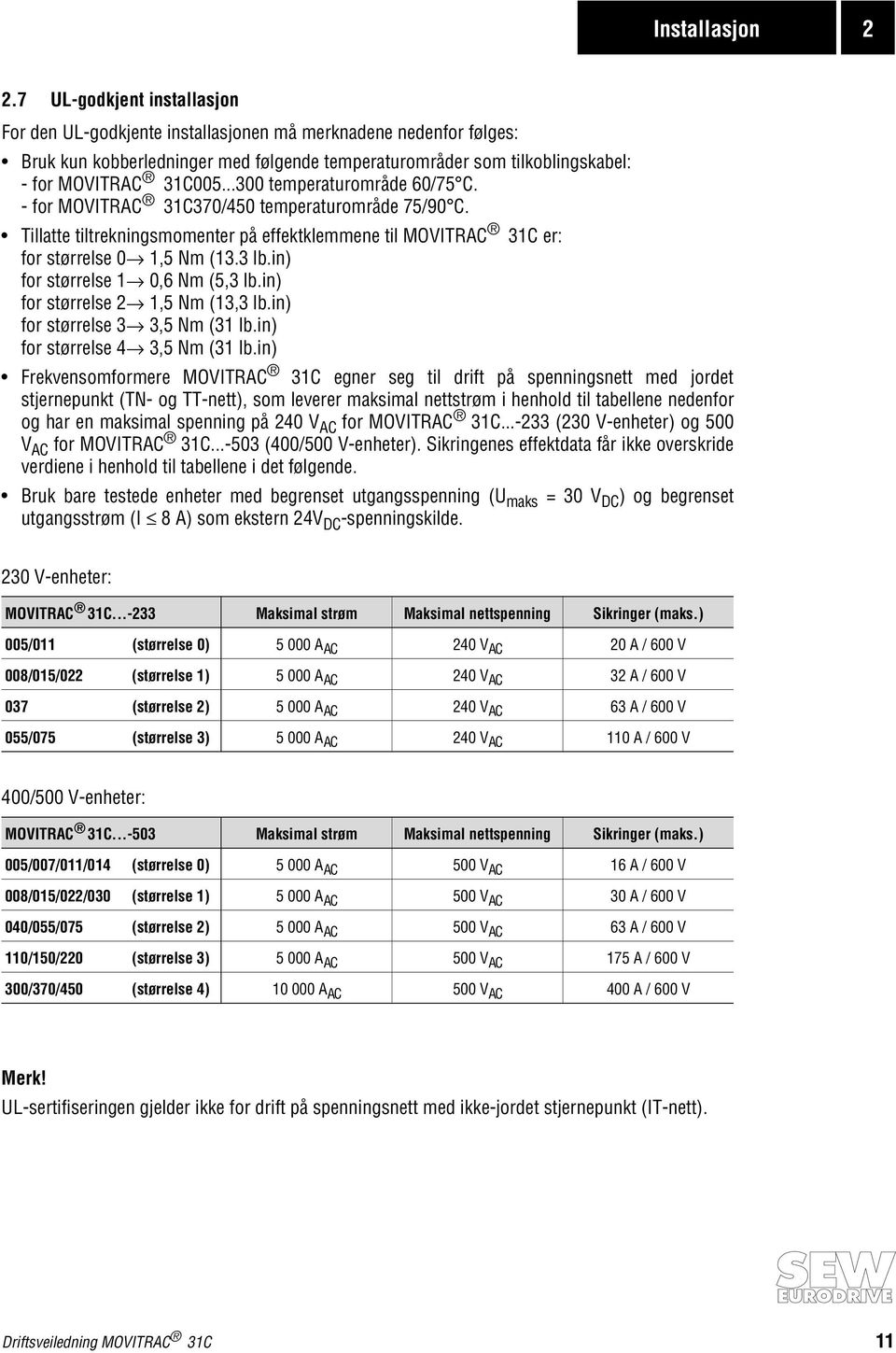 ..300 temperaturområde 60/75 C. - for MOVITRAC 31C370/450 temperaturområde 75/90 C. Tillatte tiltrekningsmomenter på effektklemmene til MOVITRAC 31C er: for størrelse 0 1,5 Nm (13.3 lb.
