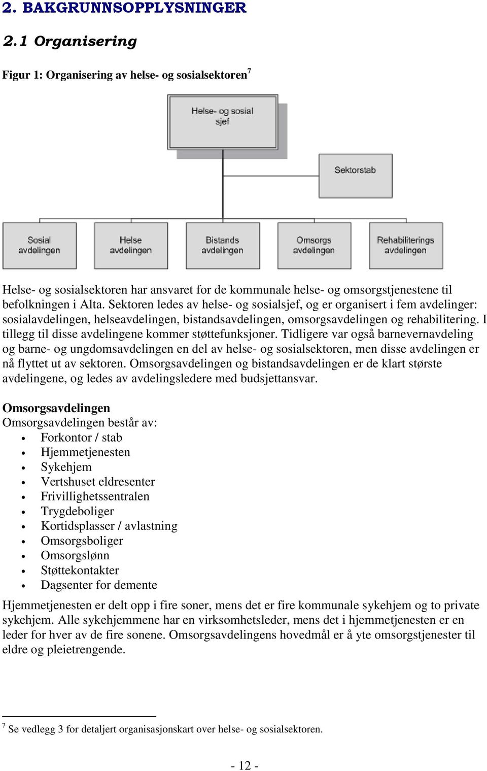 Sektoren ledes av helse- og sosialsjef, og er organisert i fem avdelinger: sosialavdelingen, helseavdelingen, bistandsavdelingen, omsorgsavdelingen og rehabilitering.