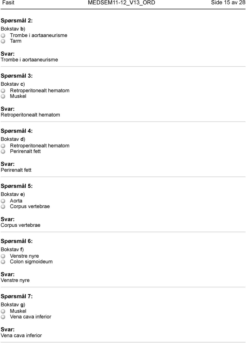 Retroperitonealt hematom Perirenalt fett Perirenalt fett Spørsmål 5: Bokstav e) Aorta Corpus vertebrae Corpus