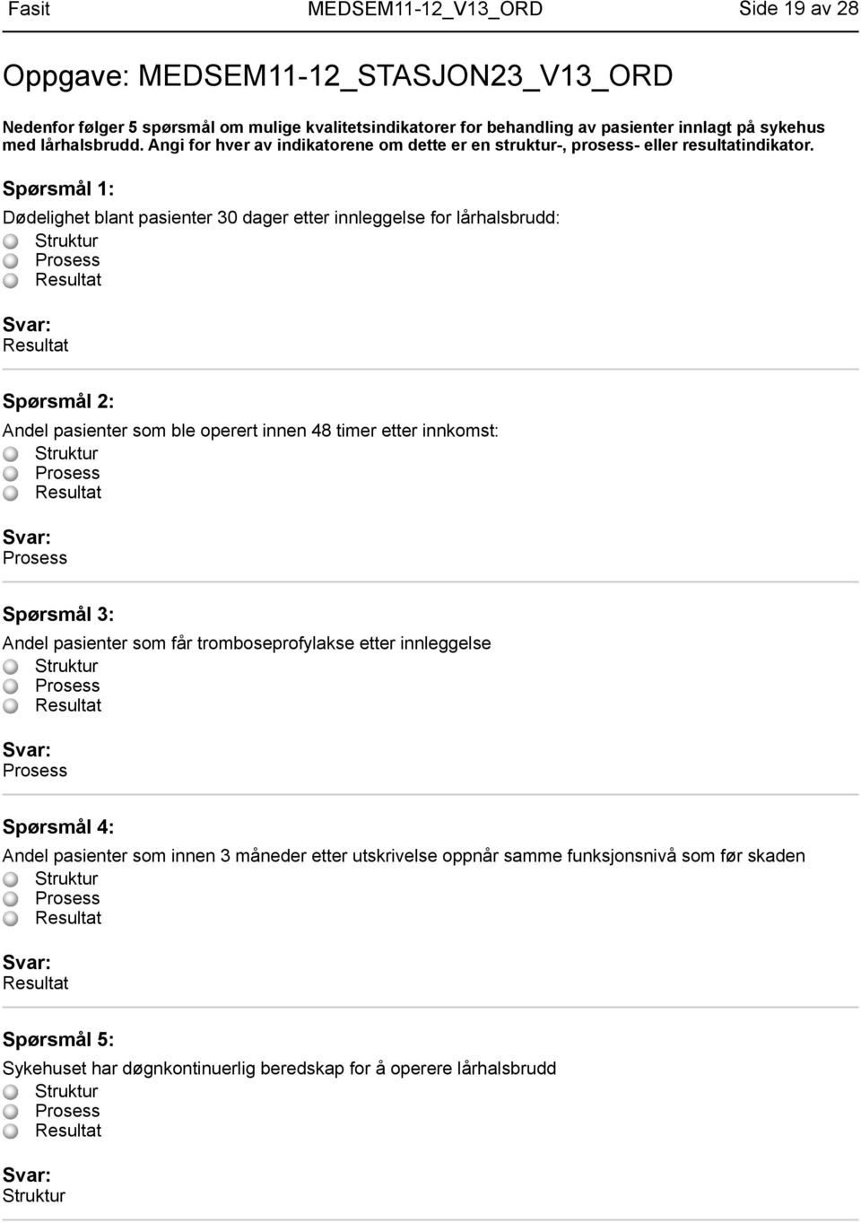 Dødelighet blant pasienter 30 dager etter innleggelse for lårhalsbrudd: Struktur Prosess Resultat Resultat Spørsmål 2: Andel pasienter som ble operert innen 48 timer etter innkomst: Struktur Prosess