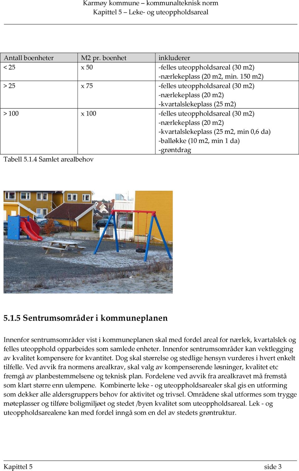 0,6 da) -balløkke (10 m2, min 1 da) -grøntdrag Tabell 5.1.4 Samlet arealbehov 5.1.5 Sentrumsområder i kommuneplanen Innenfor sentrumsområder vist i kommuneplanen skal med fordel areal for nærlek, kvartalslek og felles uteopphold opparbeides som samlede enheter.