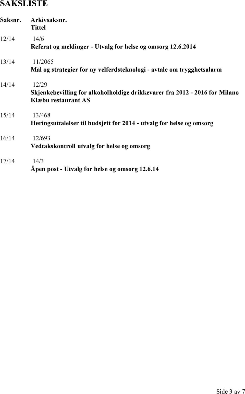 2014 13/14 11/2065 Mål og strategier for ny velferdsteknologi - avtale om trygghetsalarm 14/14 12/29 Skjenkebevilling for
