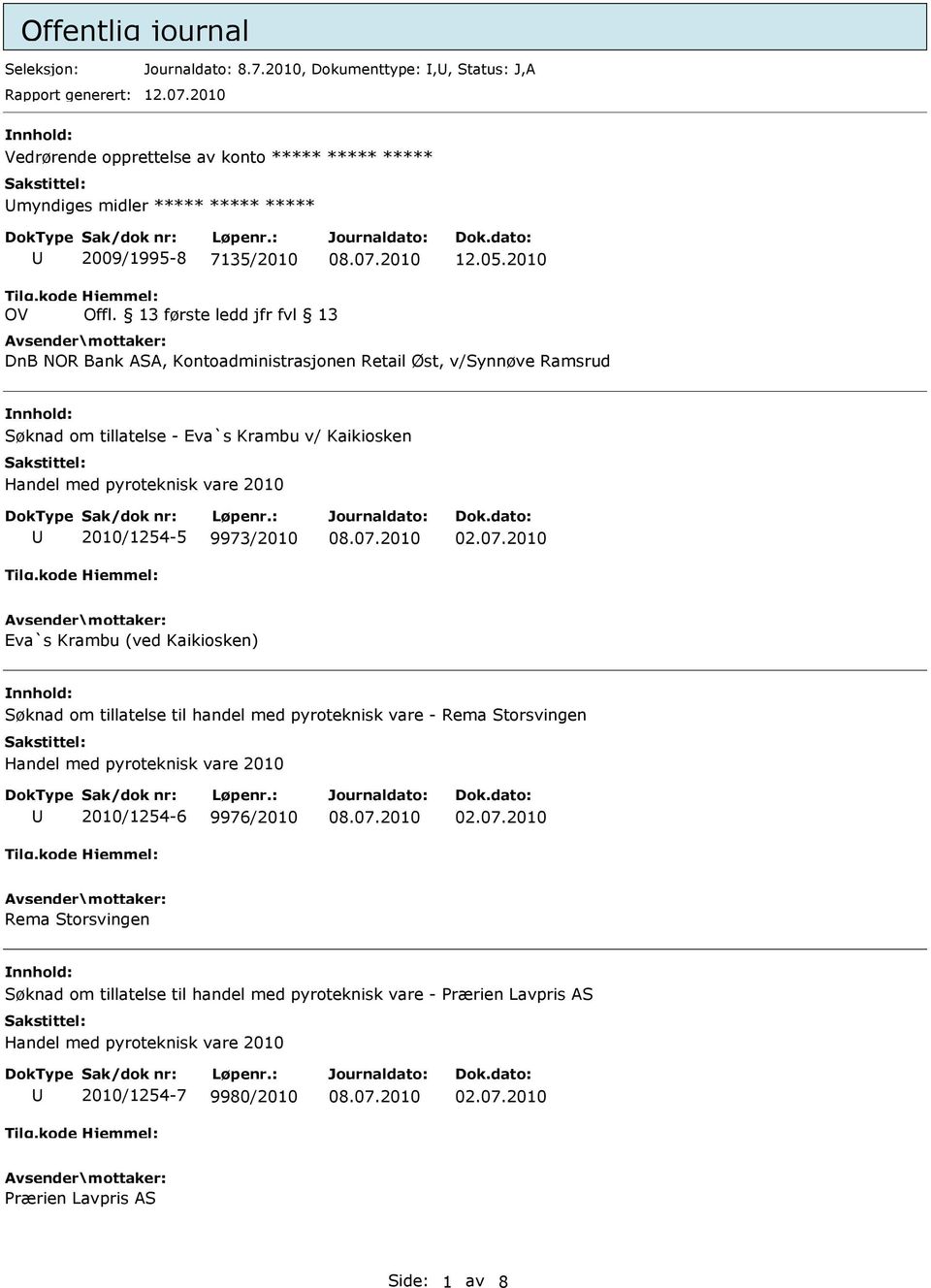 13 første ledd jfr fvl 13 DnB NOR Bank ASA, Kontoadministrasjonen Retail Øst, v/synnøve Ramsrud Søknad om tillatelse - Eva`s Krambu v/ Kaikiosken