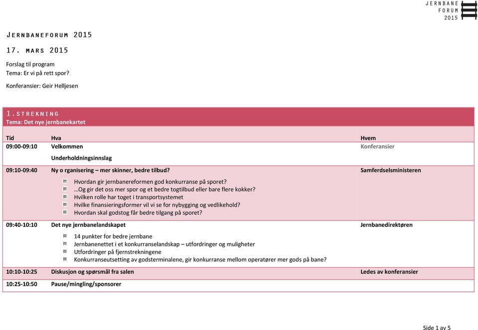 09:40-10:10 Det nye jernbanelandskapet Hvordan gir jernbanereformen god konkurranse på sporet? Og gir det oss mer spor og et bedre togtilbud eller bare flere kokker?