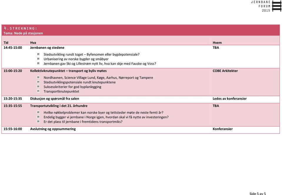 15:00-15:20 Kollektivknutepunktet transport og byliv møtes Nordhavnen, Science Village Lund, Køge, Aarhus, Nørreport og Tampere Stedsutviklingspotensiale rundt knutepunktene Suksesskriterier for god