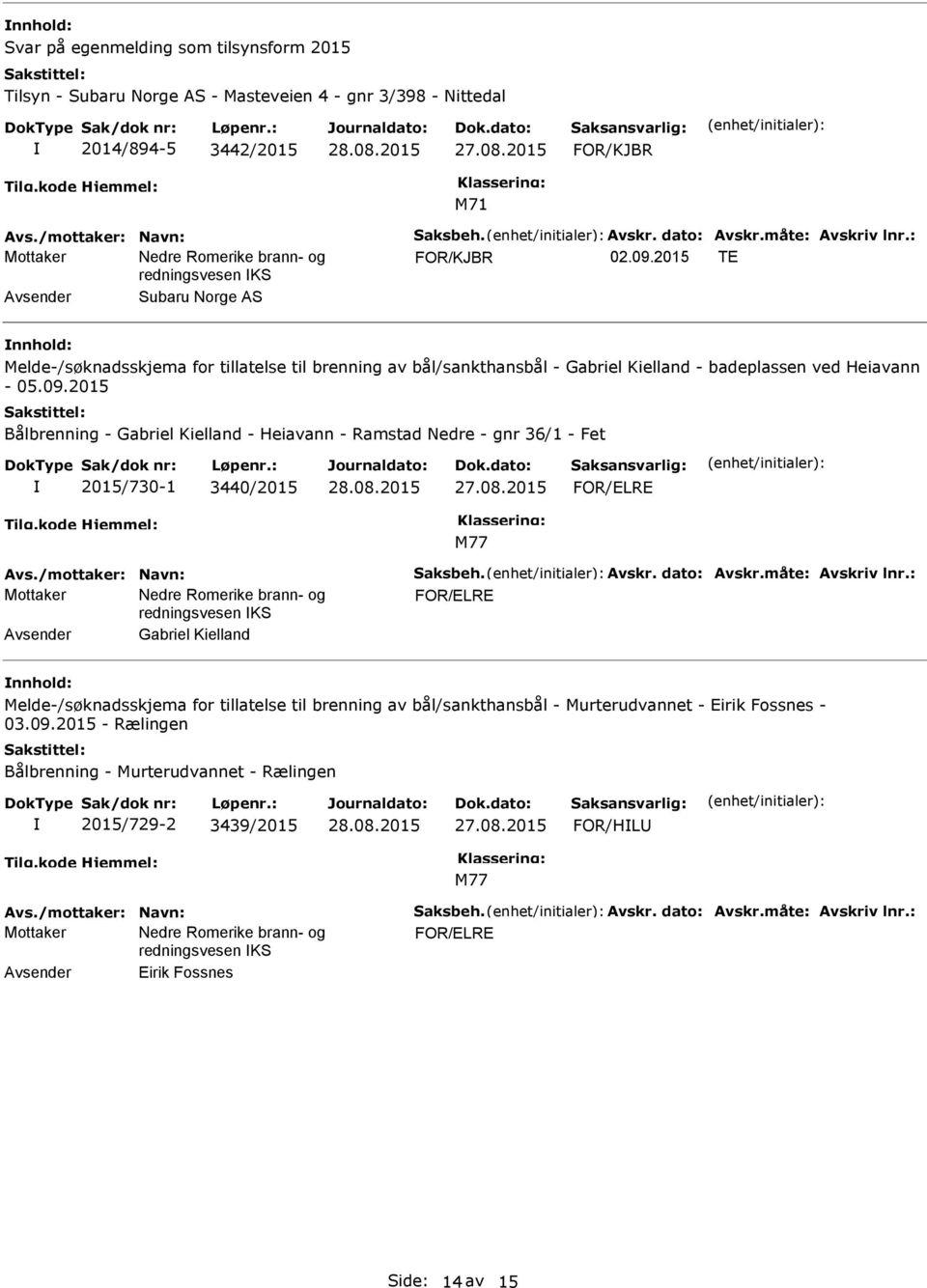 2015 Bålbrenning - Gabriel Kielland - Heiavann - Ramstad Nedre - gnr 36/1 - Fet 2015/730-1 3440/2015 Avsender Gabriel Kielland nnhold: Melde-/søknadsskjema for