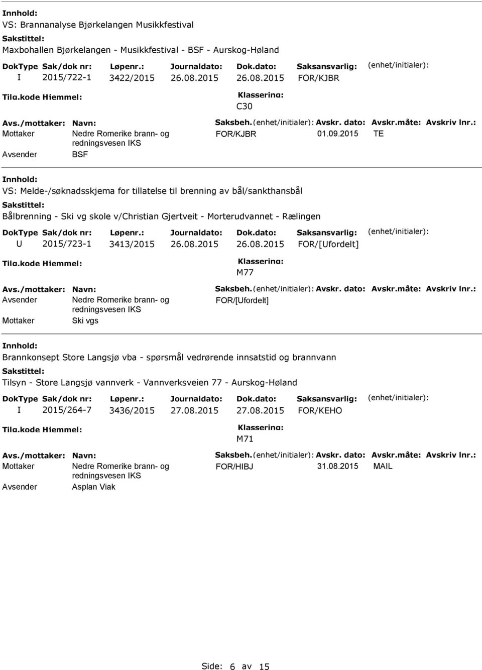 Morterudvannet - Rælingen 2015/723-1 3413/2015 FOR/[fordelt] FOR/[fordelt] Mottaker Ski vgs nnhold: Brannkonsept Store Langsjø vba - spørsmål vedrørende