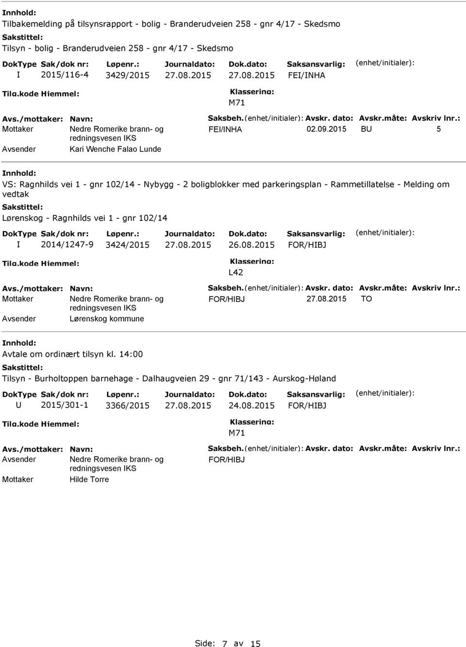 2015 B 5 Avsender Kari Wenche Falao Lunde nnhold: VS: Ragnhilds vei 1 - gnr 102/14 - Nybygg - 2 boligblokker med parkeringsplan - Rammetillatelse - Melding om vedtak