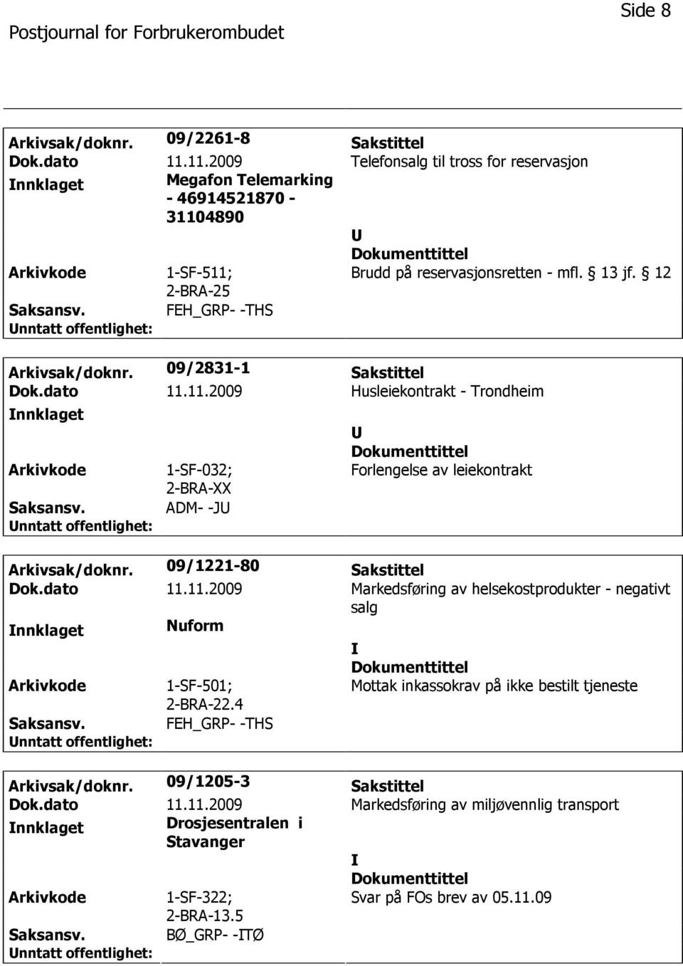 09/2831-1 Sakstittel Dok.dato 11.11.2009 Husleiekontrakt - Trondheim nnklaget 1-SF-032; 2-BRA-XX ADM- -J Forlengelse av leiekontrakt Arkivsak/doknr. 09/1221-80 Sakstittel Dok.dato 11.11.2009 Markedsføring av helsekostprodukter - negativt salg nnklaget Nuform 1-SF-501; 2-BRA-22.