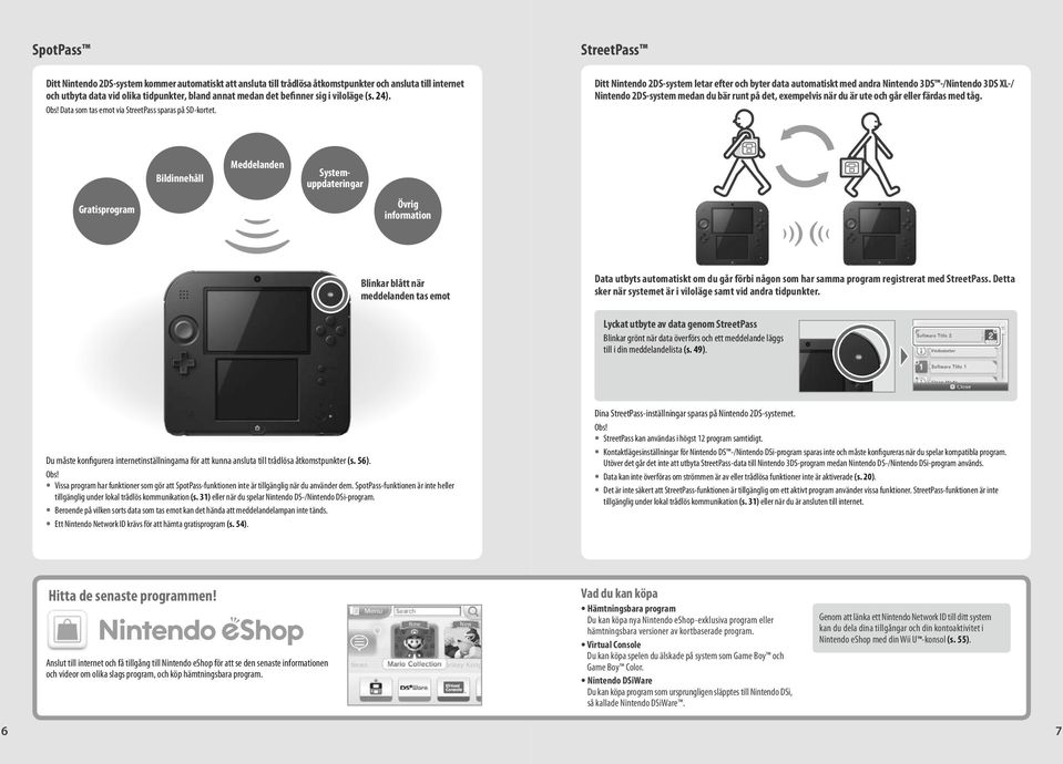 StreetPass Ditt Nintendo 2DS-system letar efter och byter data automatiskt med andra Nintendo 3DS -/Nintendo 3DS XL-/ Nintendo 2DS-system medan du bär runt på det, exempelvis när du är ute och går