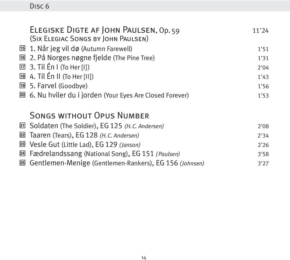 Nu hviler du i jorden (Your Eyes Are Closed Forever) 1' Songs without Opus Number Soldaten (The Soldier), EG (H.C. Andersen) '0 Taaren (Tears), EG (H.