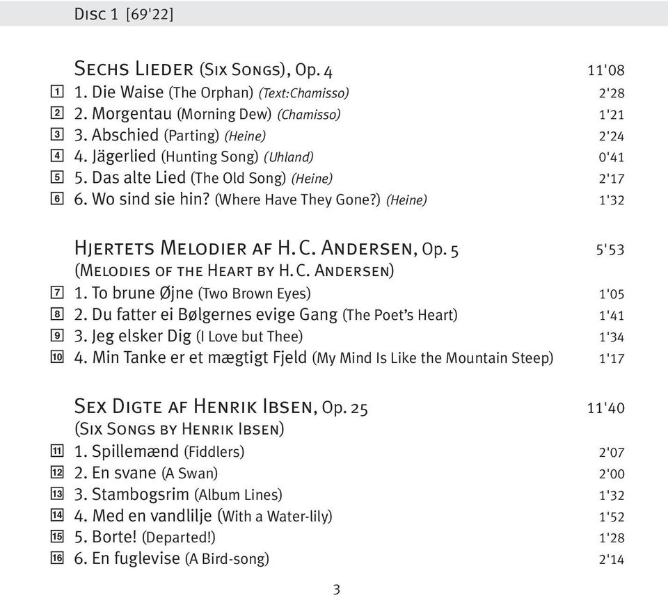 To brune Øjne (Two Brown Eyes) 1'0. Du fatter ei Bølgernes evige Gang (The Poet s Heart) 1'1. Jeg elsker Dig (I Love but Thee) 1'.