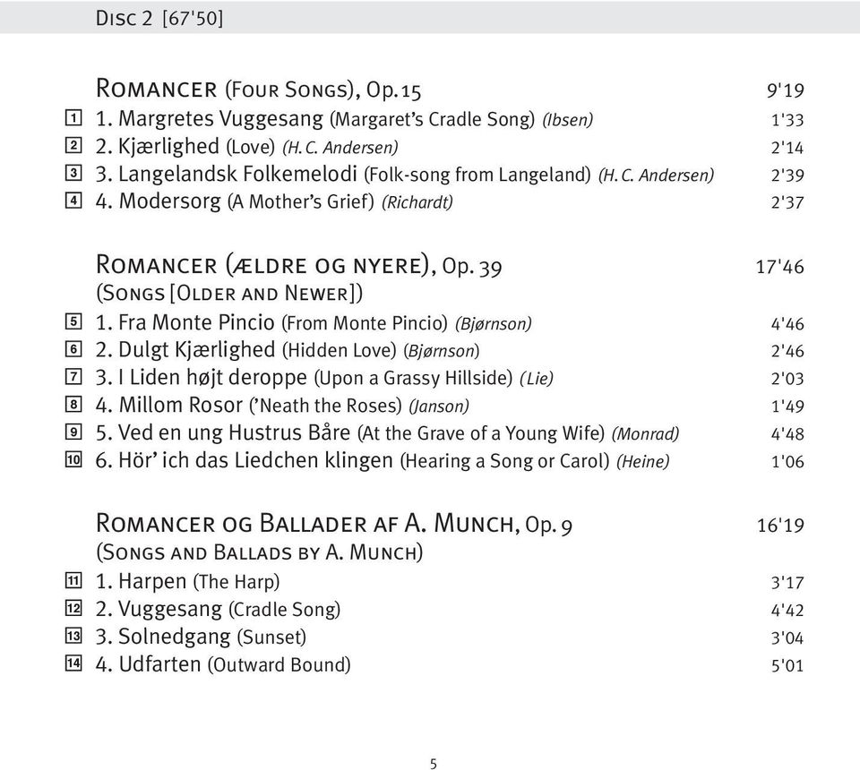 Fra Monte Pincio (From Monte Pincio) (Bjørnson) '. Dulgt Kjærlighed (Hidden Love) (Bjørnson) '. I Liden højt deroppe (Upon a Grassy Hillside) (Lie) '0. Millom Rosor ( Neath the Roses) (Janson) 1'.