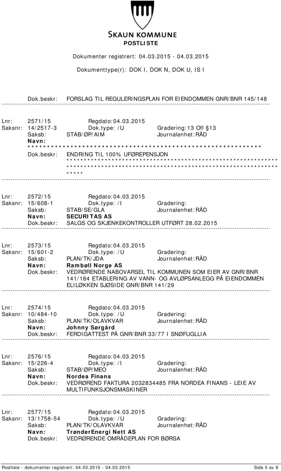 type: /I Gradering: Saksb: STAB/SE/GLA Journalenhet:RÅD SECURITAS AS SALGS OG SKJENKEKONTROLLER UTFØRT 28.02.2015 Lnr: 2573/15 Regdato:04.03.2015 Saksnr: 15/601-2 Dok.