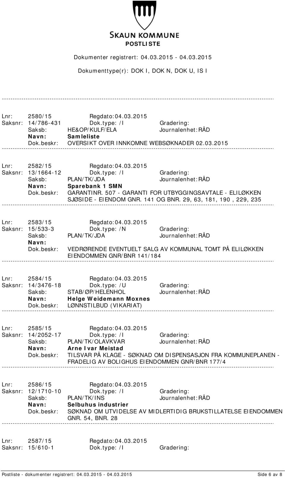 2015 Saksnr: 15/533-3 Dok.type: /N Gradering: VEDRØRENDE EVENTUELT SALG AV KOMMUNAL TOMT PÅ ELILØKKEN EIENDOMMEN GNR/BNR 141/184 Lnr: 2584/15 Regdato:04.03.2015 Saksnr: 14/3476-18 Dok.