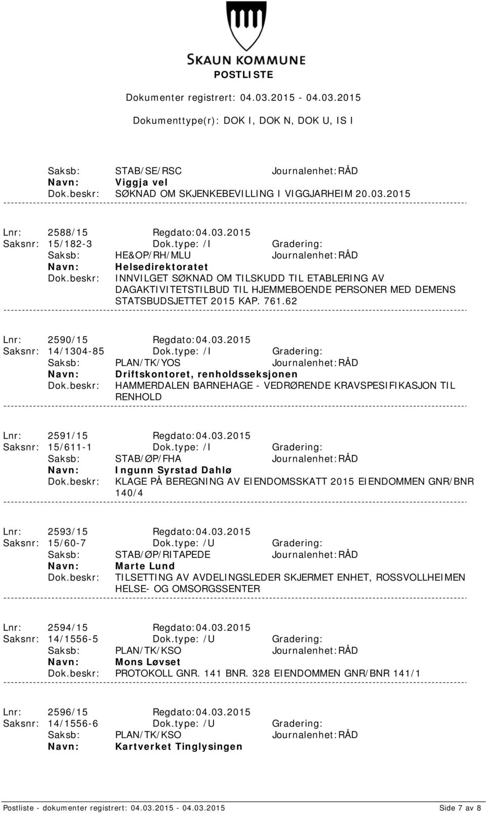 KAP. 761.62 Lnr: 2590/15 Regdato:04.03.2015 Saksnr: 14/1304-85 Dok.