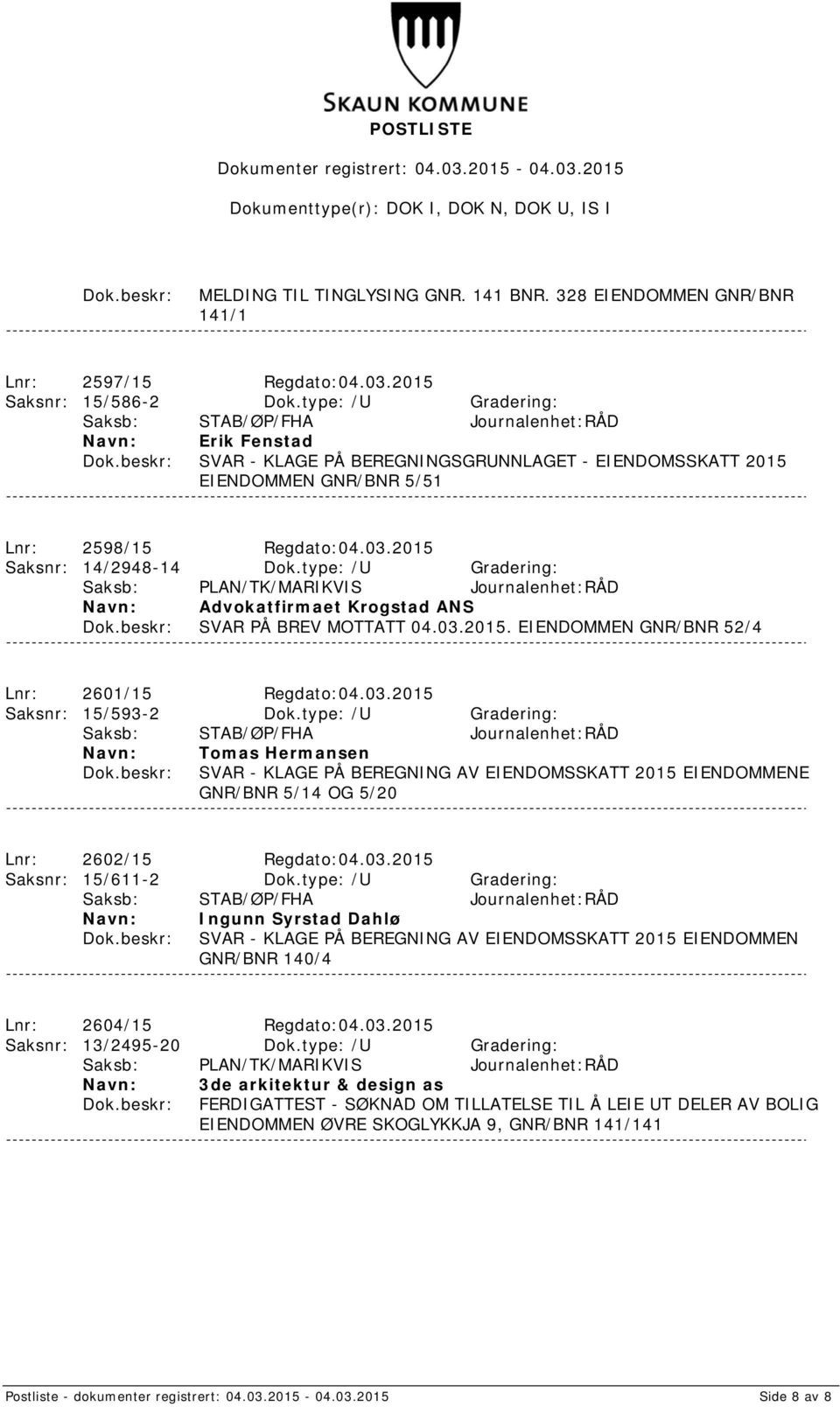 type: /U Gradering: Saksb: PLAN/TK/MARIKVIS Journalenhet:RÅD Advokatfirmaet Krogstad ANS SVAR PÅ BREV MOTTATT 04.03.2015. EIENDOMMEN GNR/BNR 52/4 Lnr: 2601/15 Regdato:04.03.2015 Saksnr: 15/593-2 Dok.