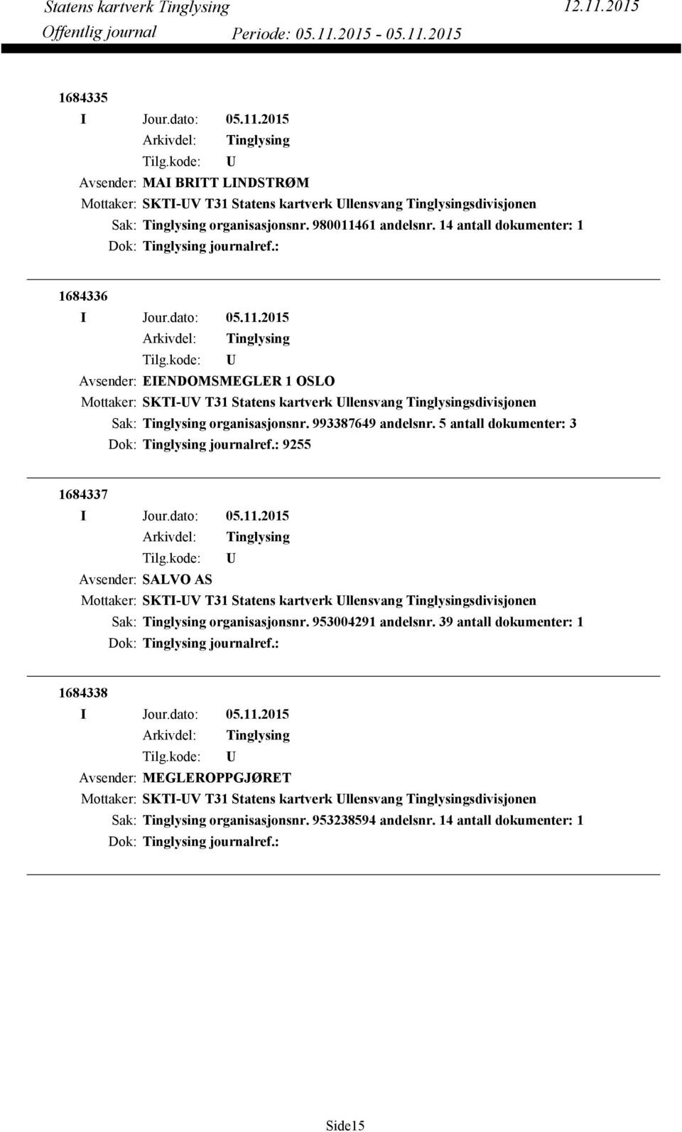 5 antall dokumenter: 3 Dok: journalref.: 9255 1684337 Avsender: SALVO AS Mottaker: SKTI-V T31 Statens kartverk llensvang sdivisjonen organisasjonsnr. 953004291 andelsnr.