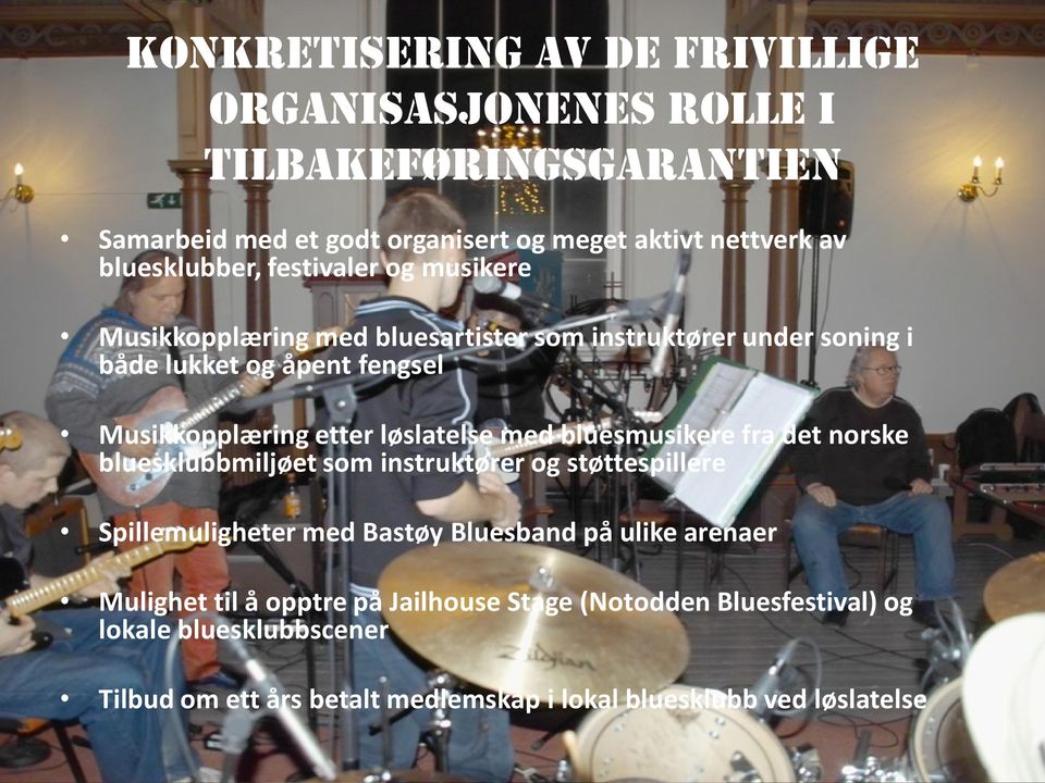etter løslatelse med bluesmusikere fra det norske bluesklubbmiljøet som instruktører og støttespillere Spillemuligheter med Bastøy Bluesband på ulike