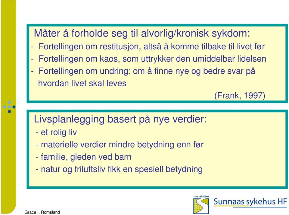 bedre svar på hvordan livet skal leves (Frank, 1997) Livsplanlegging basert på nye verdier: - et rolig liv -