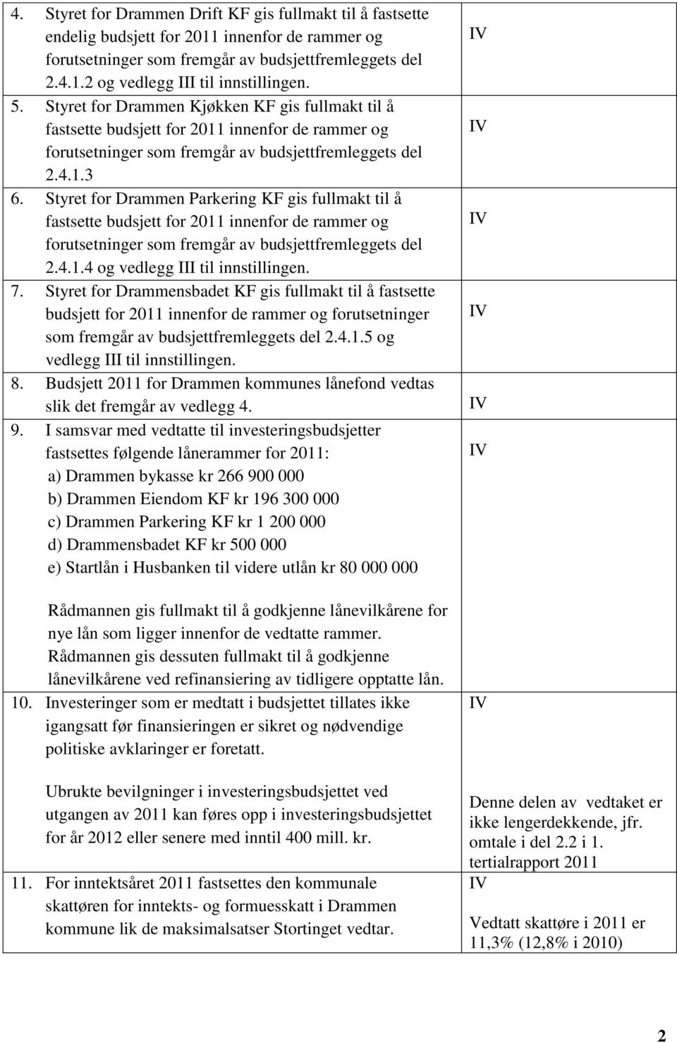 Styret for Drammen Parkering KF gis fullmakt til å fastsette budsjett for 2011 innenfor de rammer og forutsetninger som fremgår av budsjettfremleggets del 2.4.1.4 og vedlegg III til innstillingen. 7.
