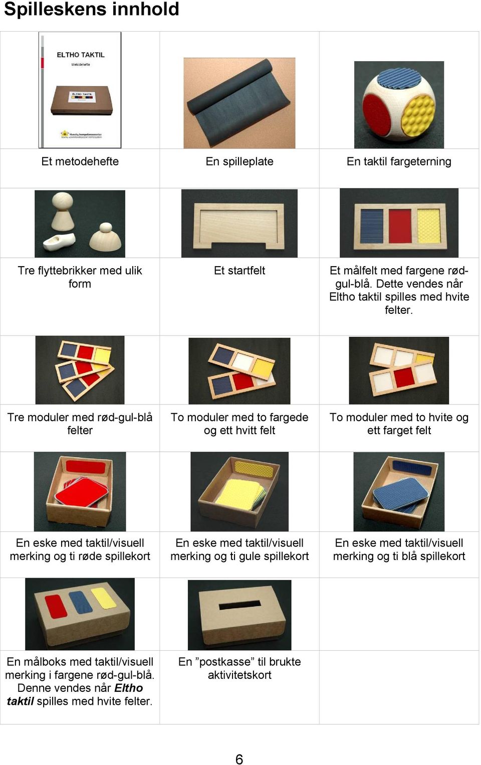 Tre moduler med rød-gul-blå felter To moduler med to fargede og ett hvitt felt To moduler med to hvite og ett farget felt En eske med taktil/visuell merking og ti