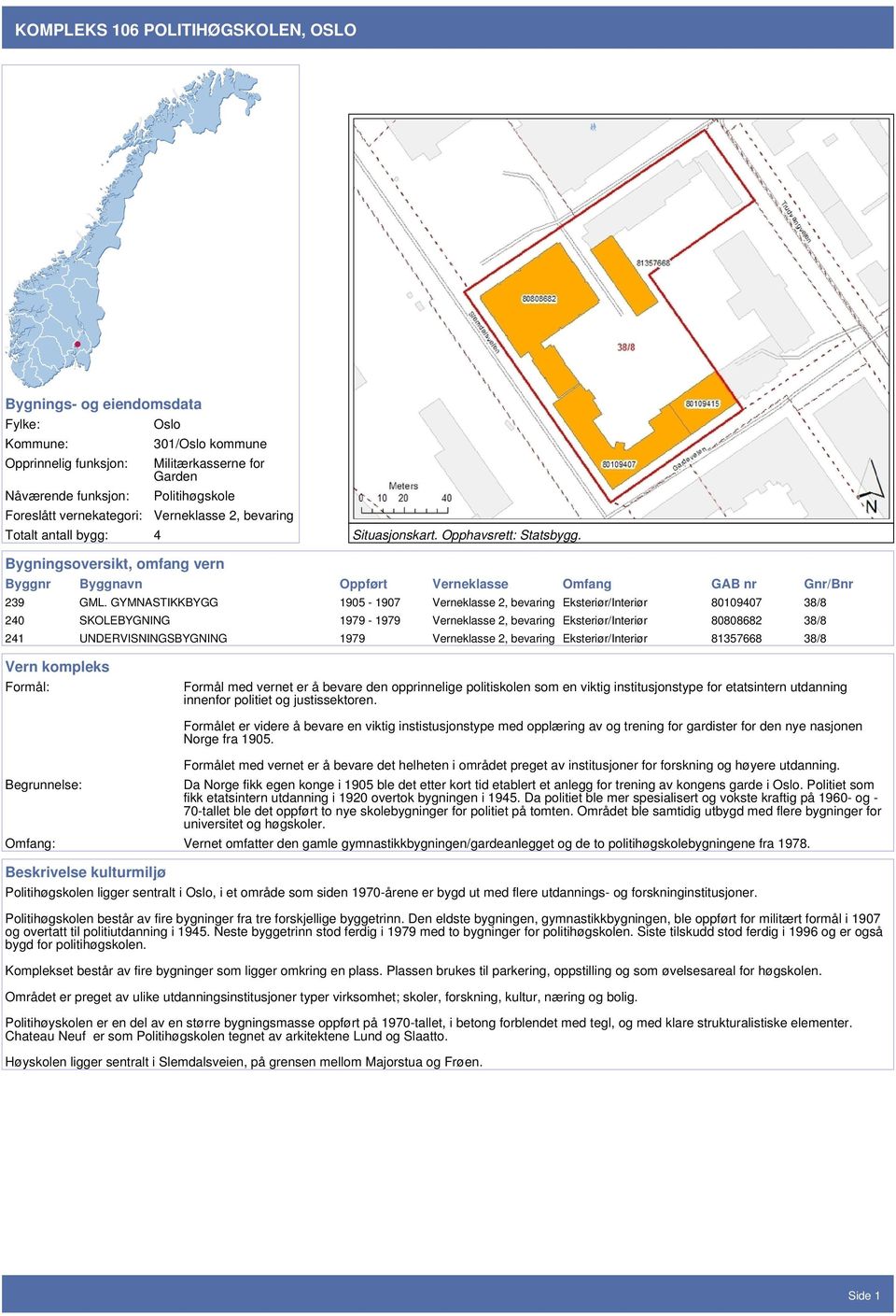 GYMNASTIKKBYGG 1905-1907 Verneklasse 2, bevaring Eksteriør/Interiør 80109407 38/8 240 SKOLEBYGNING 1979-1979 Verneklasse 2, bevaring Eksteriør/Interiør 80808682 38/8 241 UNDERVISNINGSBYGNING 1979