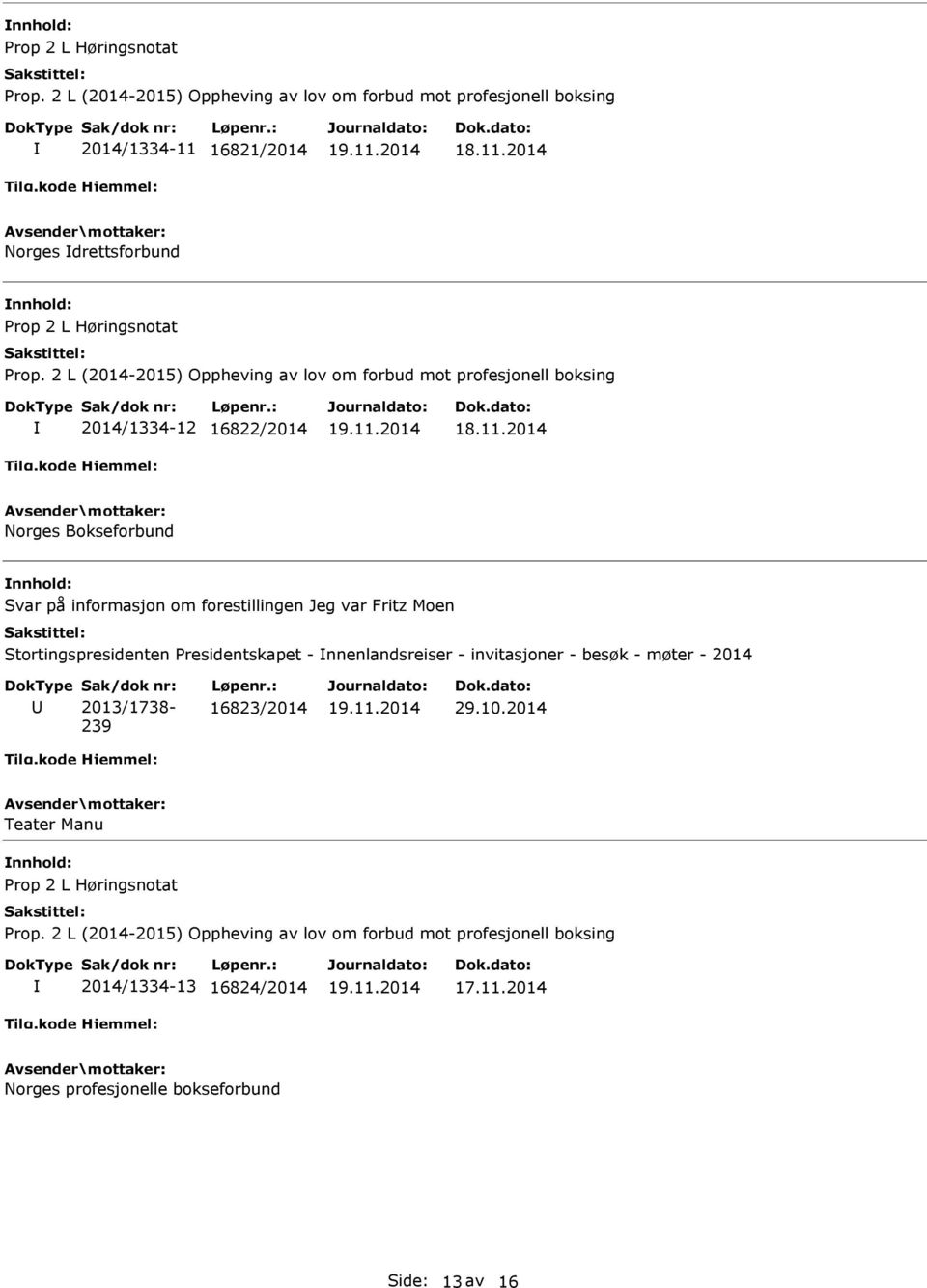 profesjonell boksing 2014/1334-12 16822/2014 Norges Bokseforbund Svar på informasjon om forestillingen Jeg var Fritz Moen Stortingspresidenten Presidentskapet -