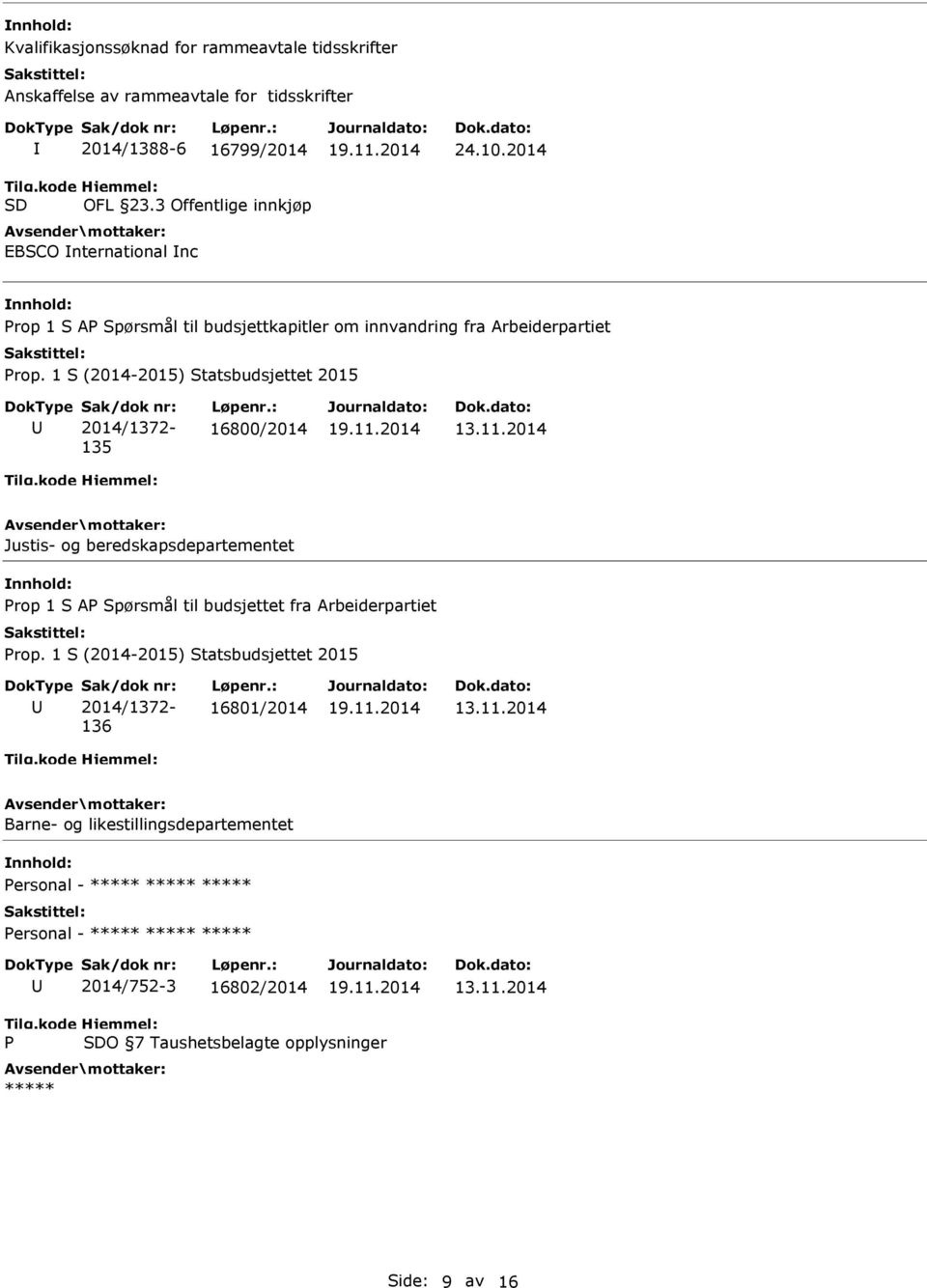 11.2014 Justis- og beredskapsdepartementet Prop 1 S AP Spørsmål til budsjettet fra Arbeiderpartiet 2014/1372-136 16801/2014 13.11.2014 Barne- og likestillingsdepartementet Personal - ***** ***** ***** Personal - ***** ***** ***** 2014/752-3 16802/2014 13.