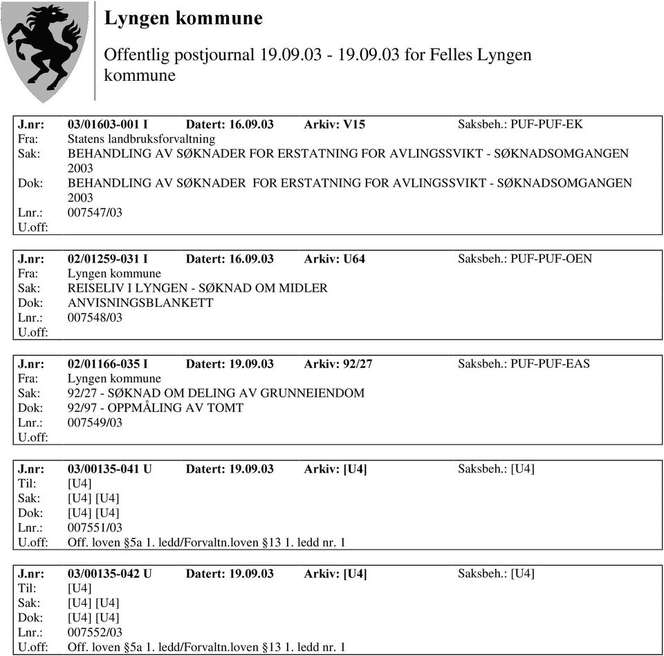 KNADSOMGANGEN 2003 Lnr.: 007547/03 -QU, 'DWHUW $UNLY8 Saksbeh.: PUF-PUF-OEN Fra: Lyngen Sak: REISELIV I LYNGEN - SØ KNAD OM MIDLER Dok: ANVISNINGSBLANKETT Lnr.