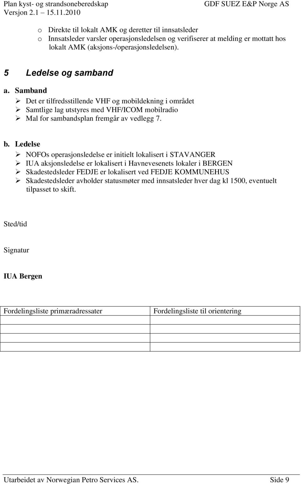 Ledelse NOFOs operasjonsledelse er initielt lokalisert i STAVANGER IUA aksjonsledelse er lokalisert i Havnevesenets lokaler i BERGEN Skadestedsleder FEDJE er lokalisert ved FEDJE KOMMUNEHUS